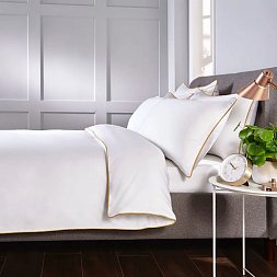 Set Lenjerie ALFABED Premium Cotton Sateen White Design Modern Look (Gold Tape)		