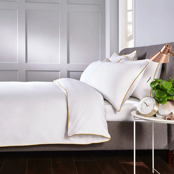 ALFABED Premium Cotton Sateen White Design Modern Look (Gold Tape)		
